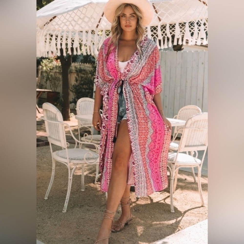 Boho Pink Stripe Tie-Front Swim Coverup